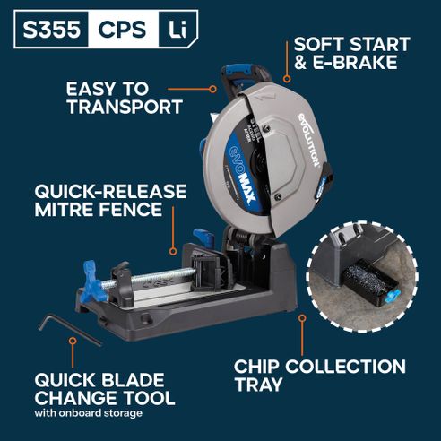Cordless S355 CPS Li Metal Chop Saw 355mm WITH EVOMAX LONG LIFE BLADE